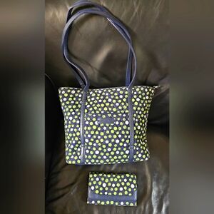 Vera Bradley Navy Blue Lucky Dots Matching Tote and Wallet Set EUC